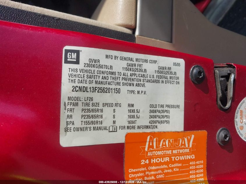 2005 Chevrolet Equinox Ls VIN: 2CNDL13F256201150 Lot: 43925008