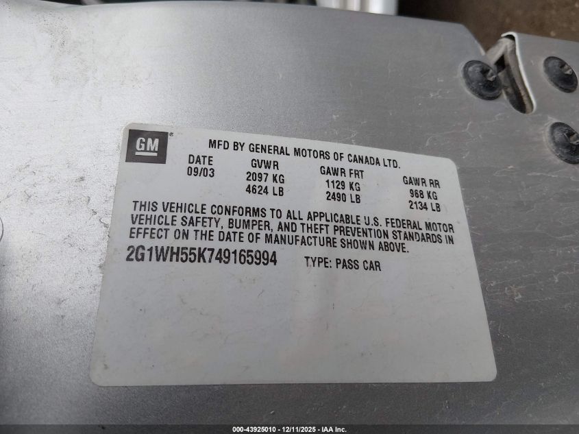 2004 Chevrolet Impala Ls VIN: 2G1WH55K749165994 Lot: 43925010