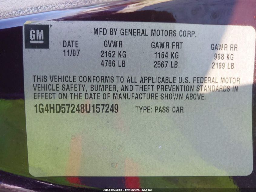 2008 Buick Lucerne Cxl VIN: 1G4HD57248U157249 Lot: 43925013