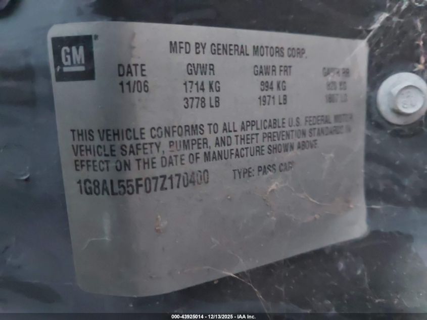 2007 Saturn Ion 3 VIN: 1G8AL55F07Z170400 Lot: 43925014