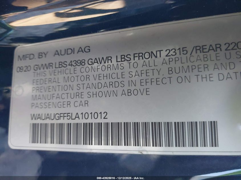 2020 Audi A3 Premium 40 Tfsi Front-Wheel Drive S Tronic VIN: WAUAUGFF5LA101012 Lot: 43925016