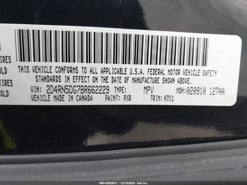 2011 Dodge Grand Caravan Crew VIN: 2D4RN5DG7BR662229 Lot: 43925017