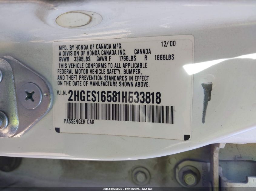 2001 Honda Civic Lx VIN: 2HGES16581H533818 Lot: 43925025