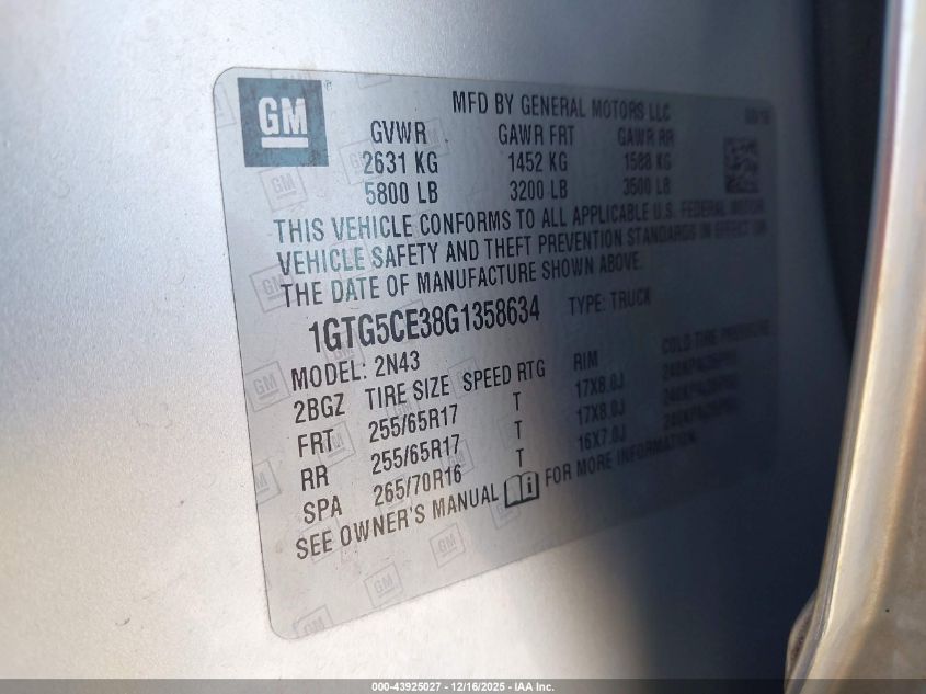 2016 GMC Canyon Sle VIN: 1GTG5CE38G1358634 Lot: 43925027