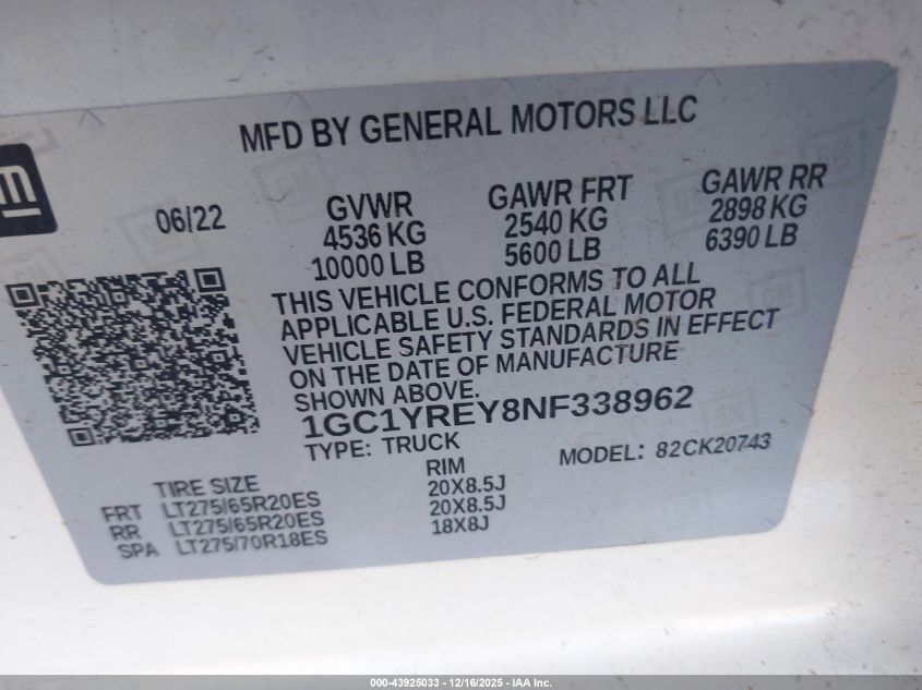 2022 Chevrolet Silverado 2500Hd 4Wd Standard Bed High Country VIN: 1GC1YREY8NF338962 Lot: 43925033