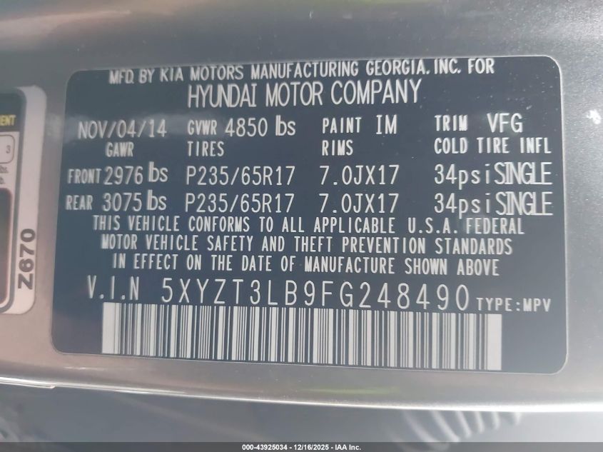 2015 Hyundai Santa Fe Sport 2.4L VIN: 5XYZT3LB9FG248490 Lot: 43925034