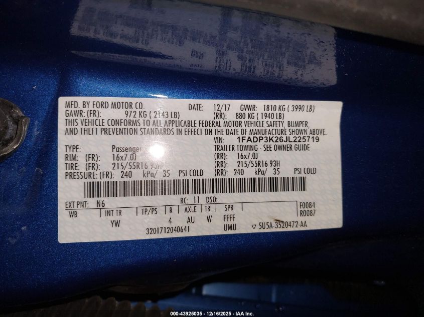 2018 Ford Focus Se VIN: 1FADP3K26JL225719 Lot: 43925035