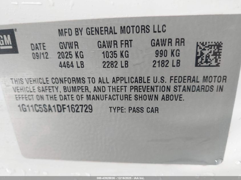 2013 Chevrolet Malibu 1Lt VIN: 1G11C5SA1DF162729 Lot: 43925036