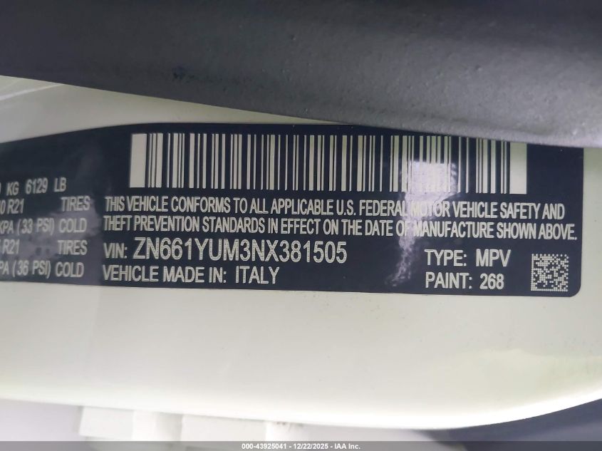 2022 Maserati Levante Modena VIN: ZN661YUM3NX381505 Lot: 43925041