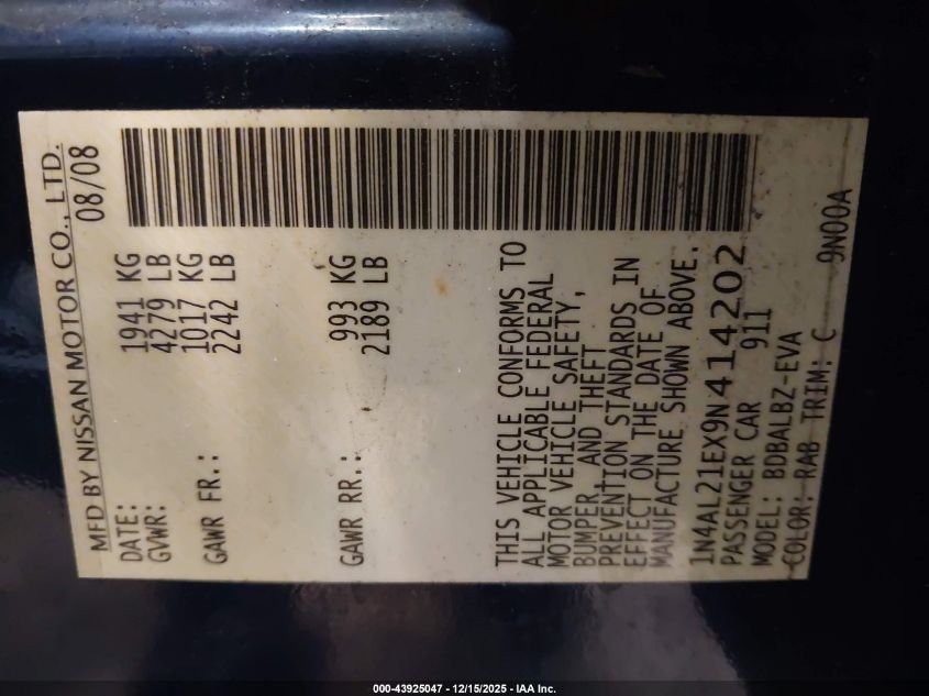 2009 Nissan Altima 2.5 S VIN: 1N4AL21EX9N414202 Lot: 43925047