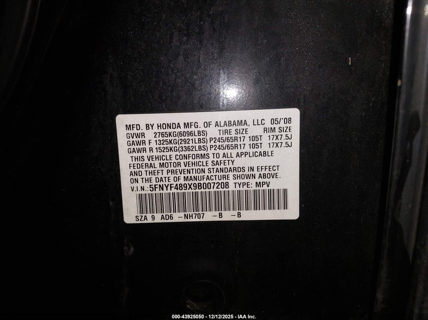 5FNYF489X9B007208 2009 HONDA PILOT photo no. 9