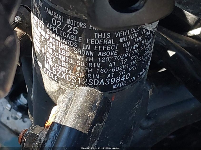 2025 Kawasaki Zx400 S VIN: ML5ZXCS12SDA39840 Lot: 43925051