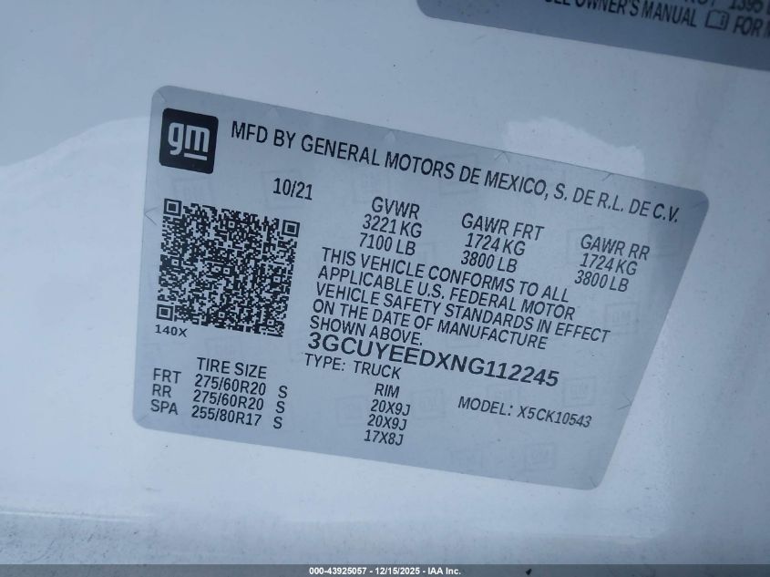2022 Chevrolet Silverado 1500 Ltd 4Wd Short Bed Rst VIN: 3GCUYEEDXNG112245 Lot: 43925057