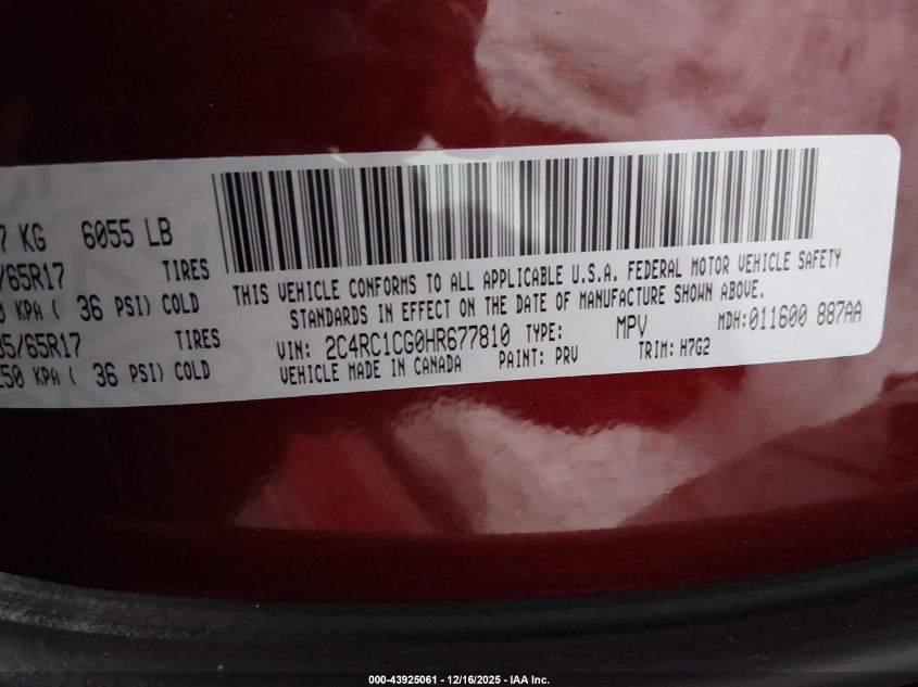 2017 Chrysler Pacifica Lx VIN: 2C4RC1CG0HR677810 Lot: 43925061