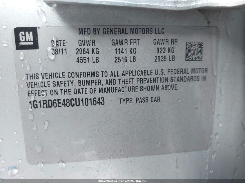 2012 Chevrolet Volt VIN: 1G1RD6E48CU101643 Lot: 43925064