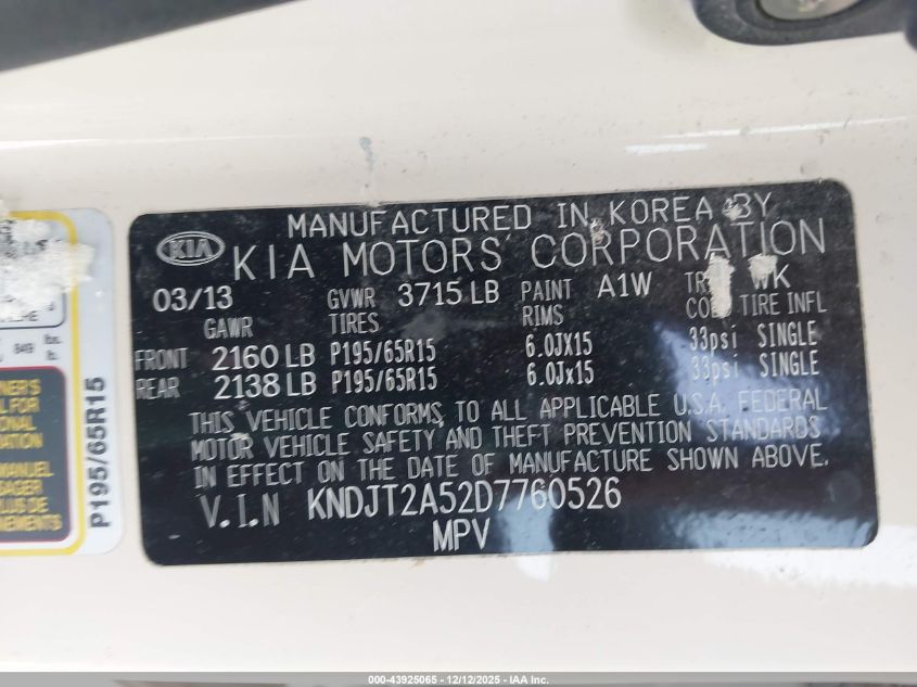 2013 Kia Soul VIN: KNDJT2A52D7760526 Lot: 43925065