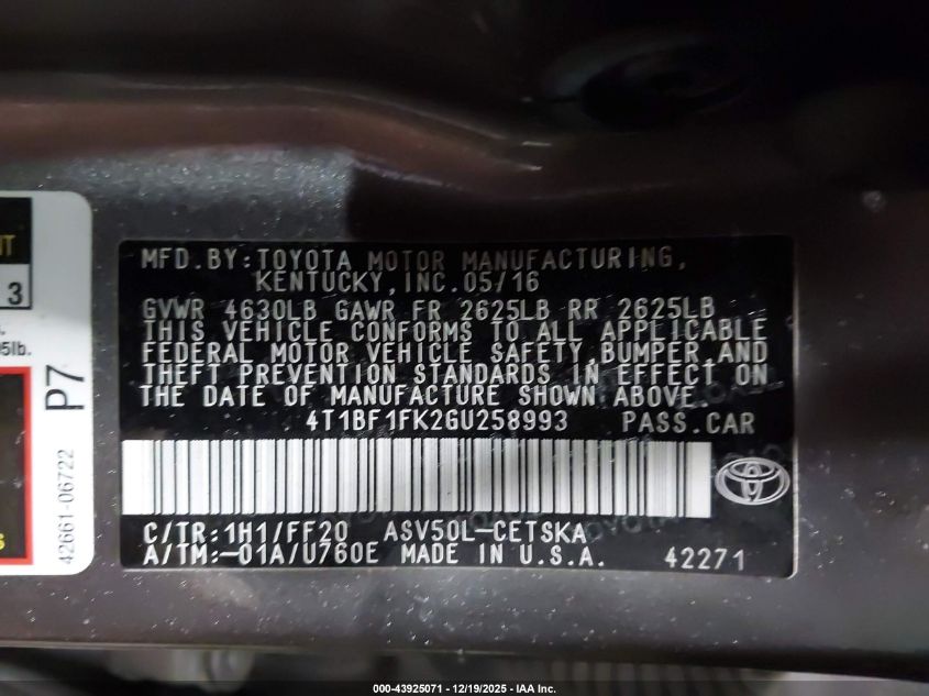 2016 Toyota Camry Se VIN: 4T1BF1FK2GU258993 Lot: 43925071