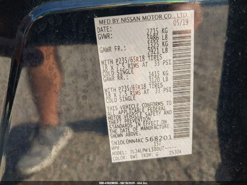 2019 Infiniti Qx60 Pure VIN: 5N1DL0MN4KC568201 Lot: 43925074