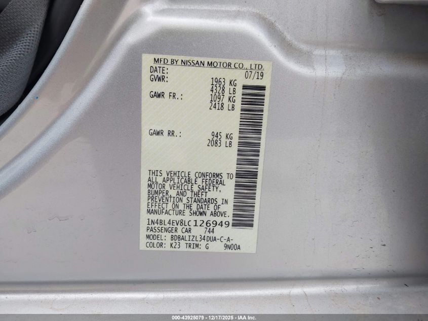 2020 Nissan Altima Sl Fwd VIN: 1N4BL4EV8LC126949 Lot: 43925079