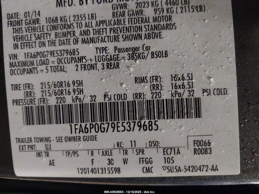 2014 Ford Fusion S VIN: 1FA6P0G79E5379685 Lot: 43925083