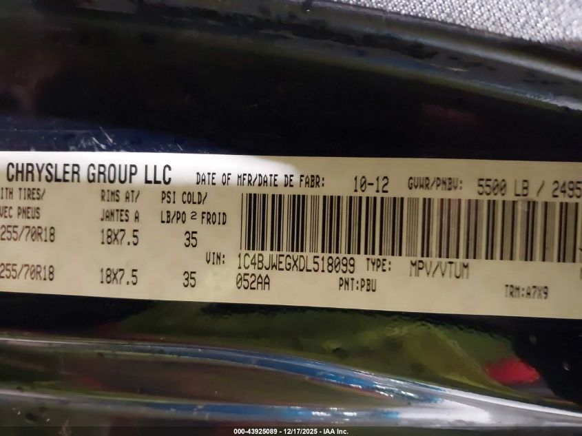 2013 Jeep Wrangler Unlimited Sahara VIN: 1C4BJWEGXDL518099 Lot: 43925089