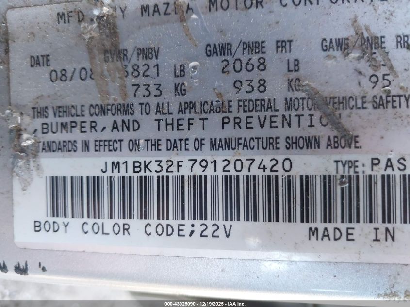 2009 Mazda Mazda3 I VIN: JM1BK32F791207420 Lot: 43925090