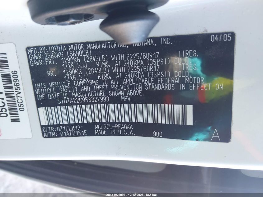 2005 Toyota Sienna Xle Limited VIN: 5TDZA22C95S327993 Lot: 43925093