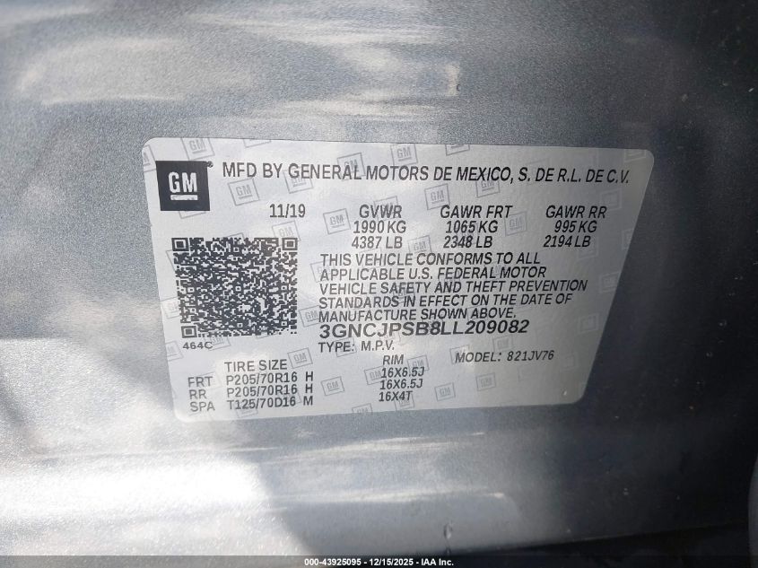 2020 Chevrolet Trax Awd Lt VIN: 3GNCJPSB8LL209082 Lot: 43925095