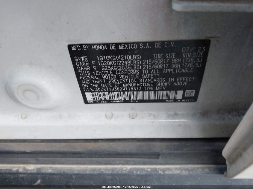 2024 Honda Hr-V 2Wd Lx VIN: 3CZRZ1H38RM715873 Lot: 43925096