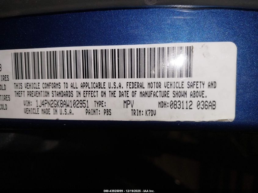 2010 Jeep Liberty Sport VIN: 1J4PN2GK8AW102951 Lot: 43925099