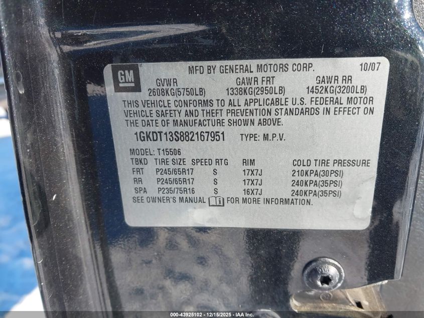 2008 GMC Envoy Sle VIN: 1GKDT13S882167951 Lot: 43925102