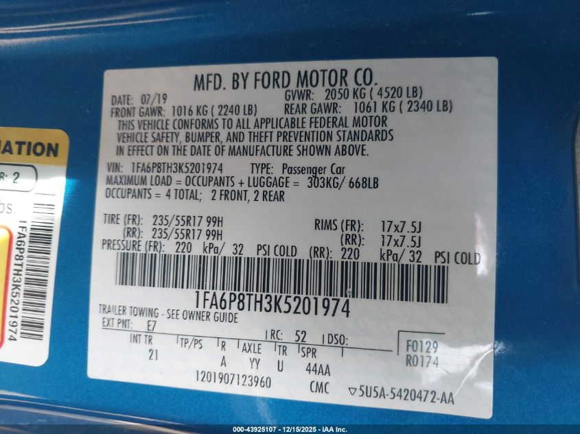 2019 Ford Mustang Ecoboost VIN: 1FA6P8TH3K5201974 Lot: 43925107