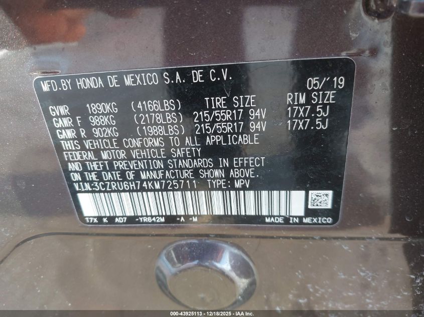 2019 Honda Hr-V Ex-L VIN: 3CZRU6H74KM725711 Lot: 43925113