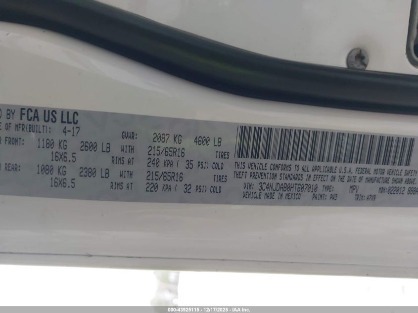 2017 Jeep New Compass Sport 4X4 VIN: 3C4NJDAB0HT607010 Lot: 43925115