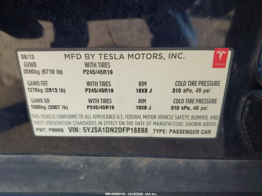 2013 Tesla Model S VIN: 5YJSA1DN2DFP18898 Lot: 43925119
