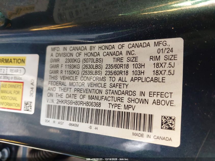 2024 Honda Cr-V Hybrid Sport-L VIN: 2HKRS6H80RH806368 Lot: 43925123