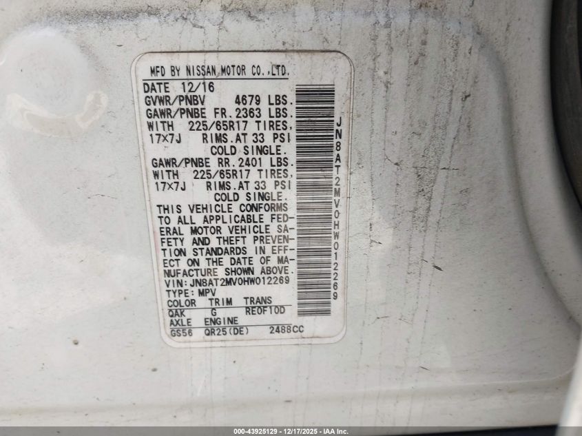 2017 Nissan Rogue Sv VIN: JN8AT2MV0HW012269 Lot: 43925129