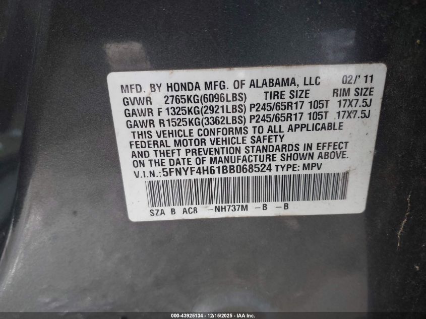 2011 Honda Pilot Ex-L VIN: 5FNYF4H61BB068524 Lot: 43925134