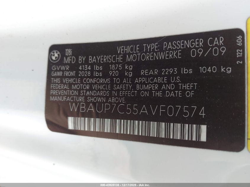 2010 BMW 128I VIN: WBAUP7C55AVF07574 Lot: 43925138