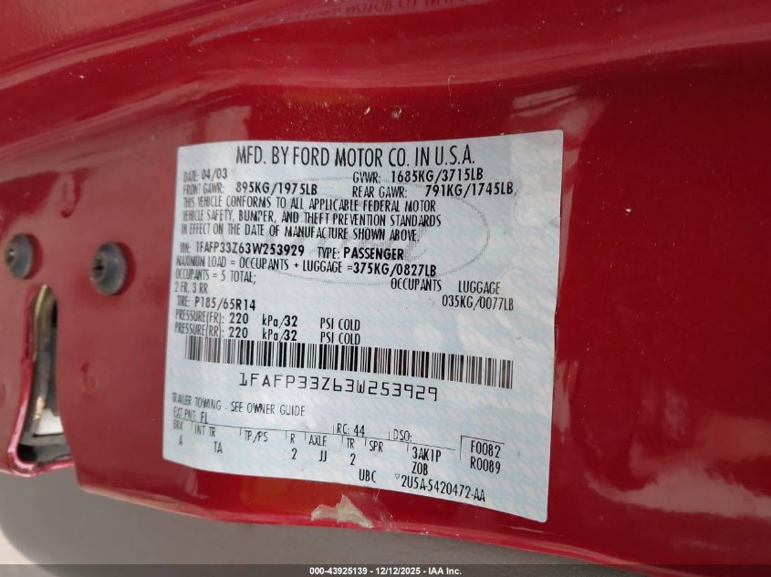 2003 Ford Focus Lx VIN: 1FAFP33Z63W253929 Lot: 43925139