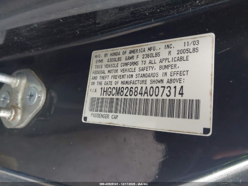 2004 Honda Accord 3.0 Ex VIN: 1HGCM82684A007314 Lot: 43925141