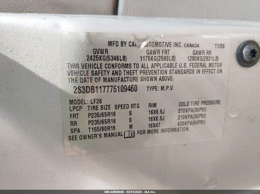 2007 Suzuki Xl7 VIN: 2S3DB117776109460 Lot: 43925150