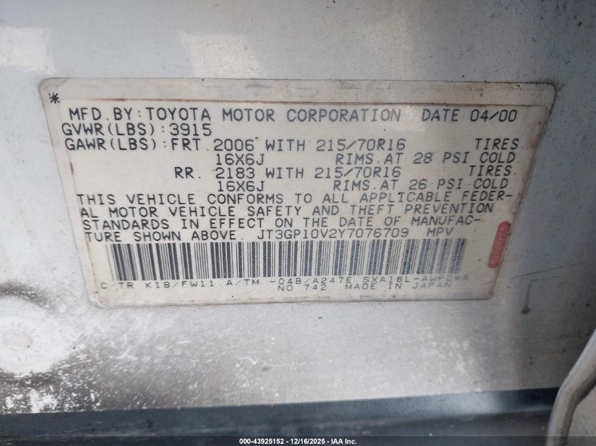 2000 Toyota Rav4 VIN: JT3GP10V2Y7076709 Lot: 43925152