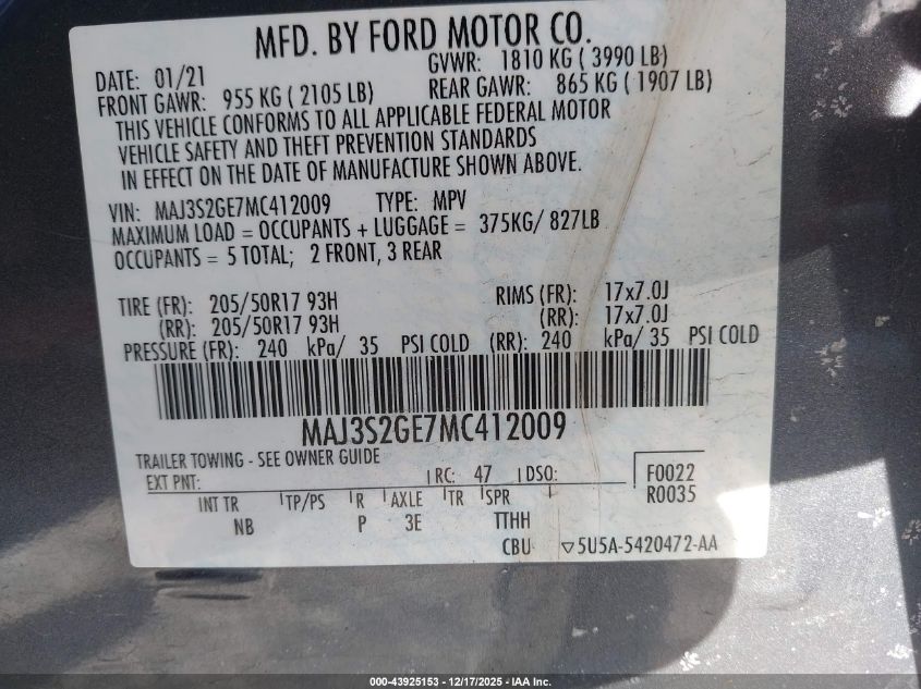 2021 Ford Ecosport Se VIN: MAJ3S2GE7MC412009 Lot: 43925153