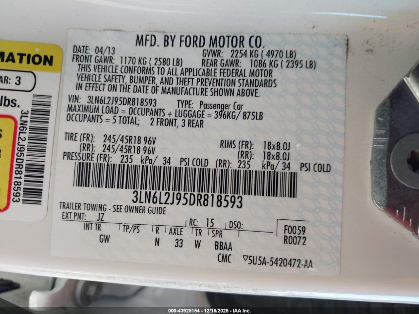 2013 Lincoln Mkz VIN: 3LN6L2J95DR818593 Lot: 43925154