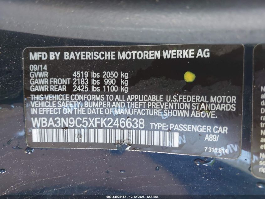 2015 BMW 428I xDrive VIN: WBA3N9C5XFK246638 Lot: 43925157
