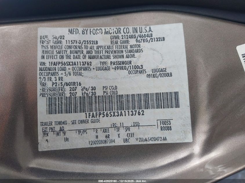 2003 Ford Taurus Sel VIN: 1FAFP56SX3A113762 Lot: 43925160