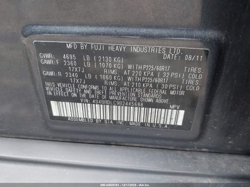 2011 Subaru Outback 3.6R Limited VIN: 4S4BRDLC9B2445688 Lot: 43925161