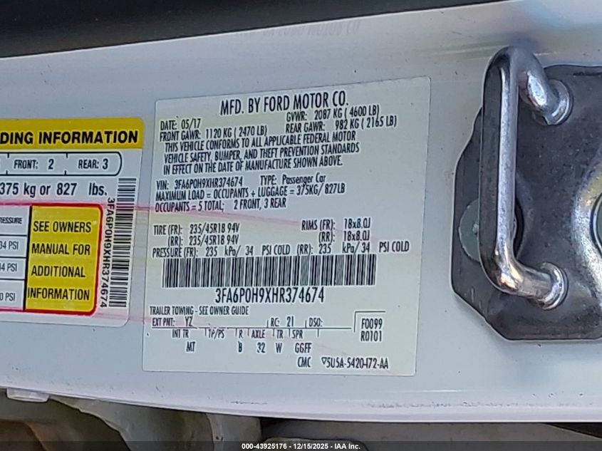 2017 Ford Fusion Se VIN: 3FA6P0H9XHR374674 Lot: 43925176