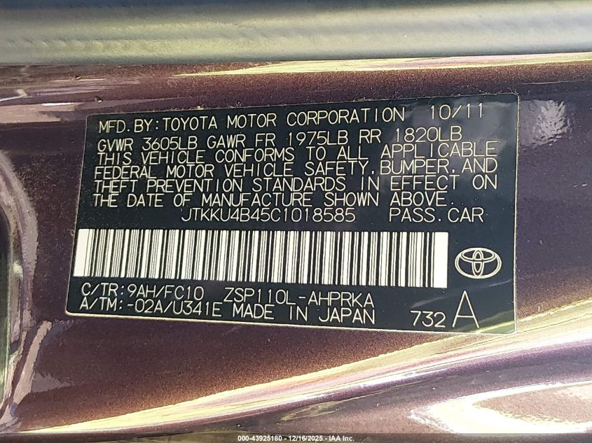 2012 Scion Xd VIN: JTKKU4B45C1018585 Lot: 43925180